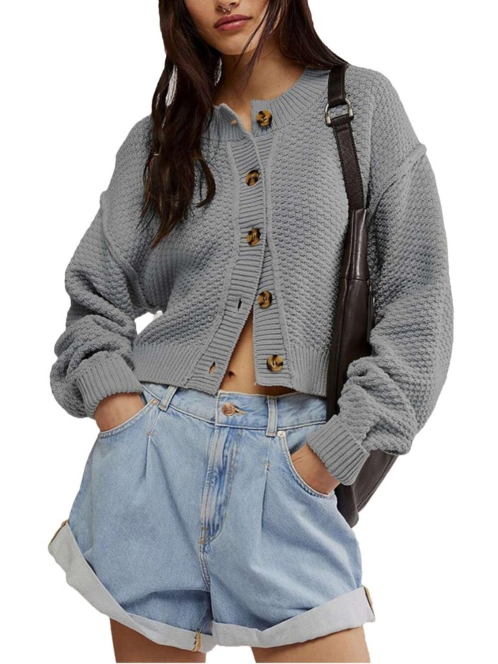 Women's Oversized Cropped Cardigan Sweater Button Down Knit Outwear